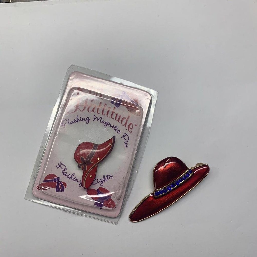 Lot Of 2 Costume Jewelry Brooch Pins Red Hat  - 1 Magnetic With Flashing Lights